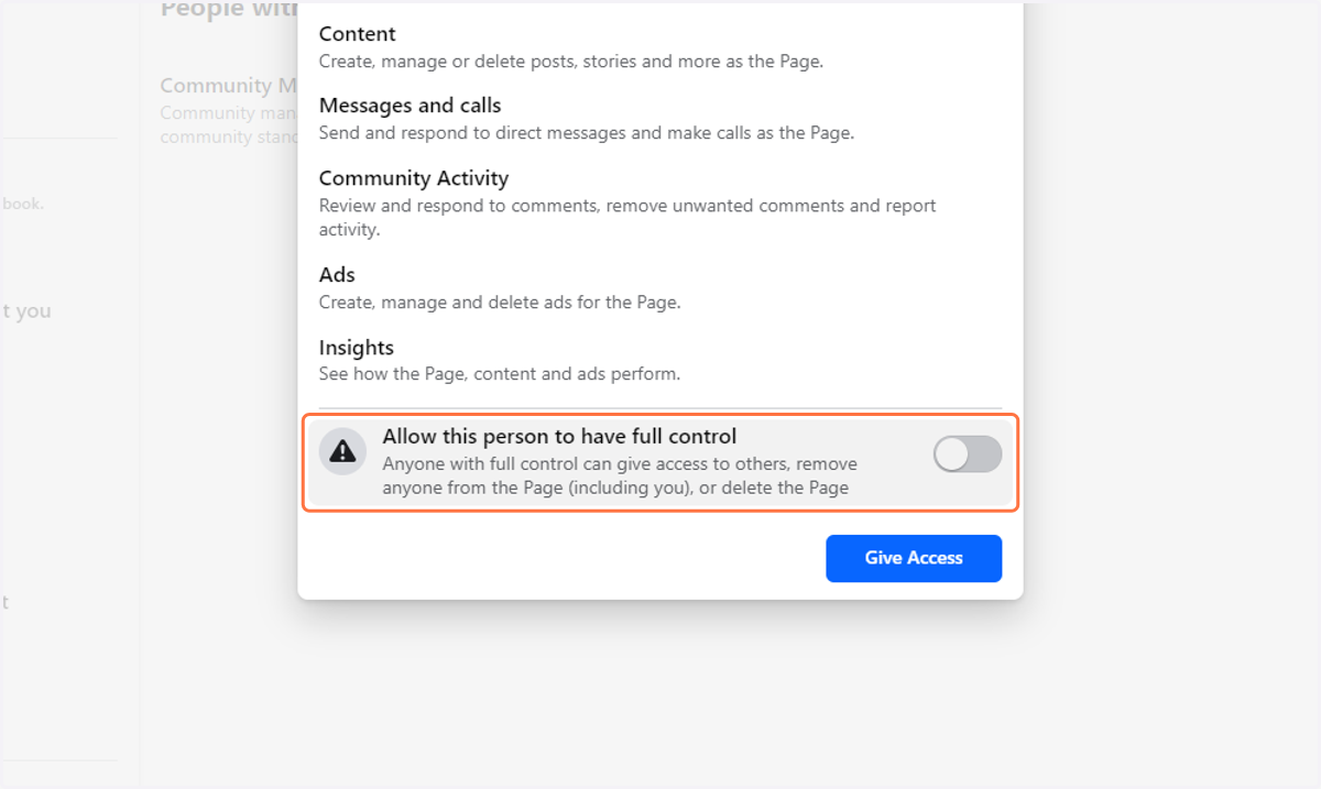 Toggle on the Allow this person to have full control option