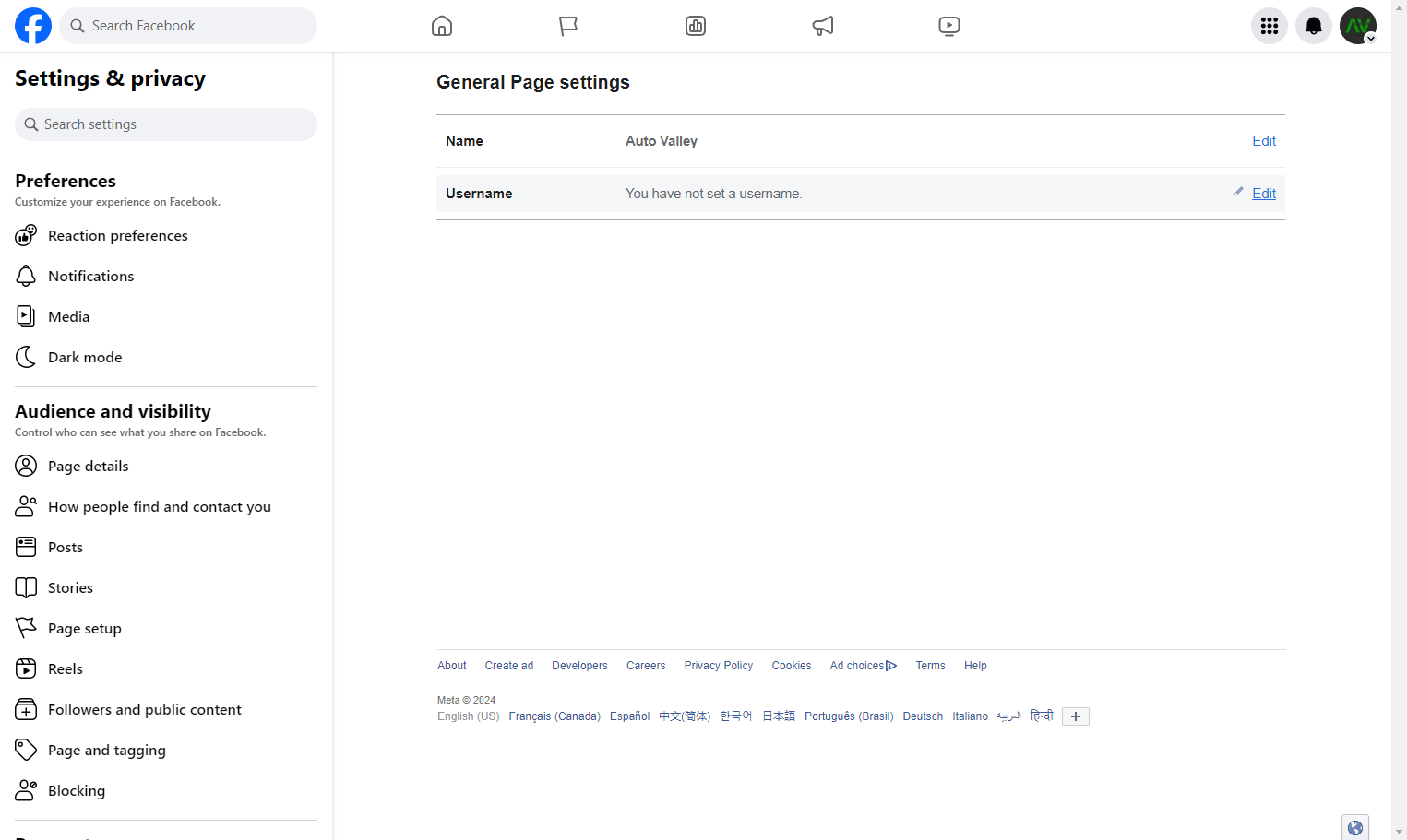 Click on the edit link to change the Username to reflect the business name then save and return