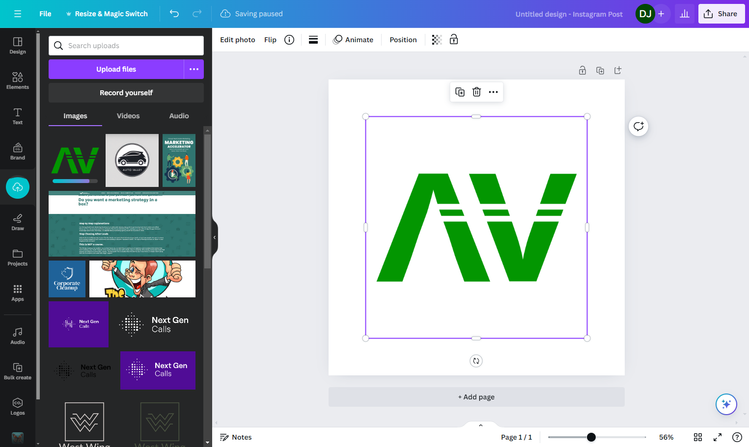 Add the appropriate square logo file to the canvas board and center it