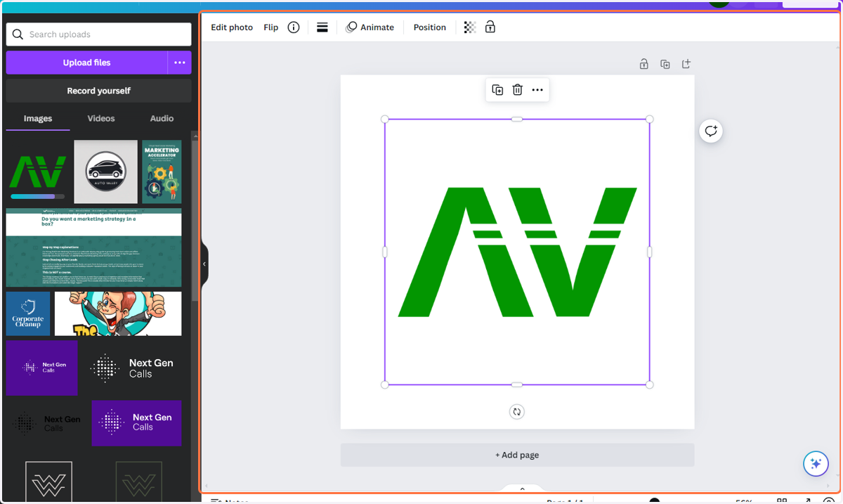 Add the appropriate square logo file to the canvas board and center it