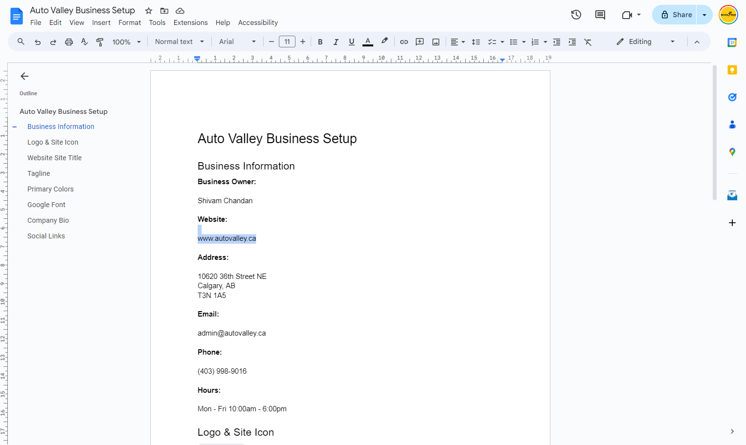 Copy the business website URL from your Guiding Doc