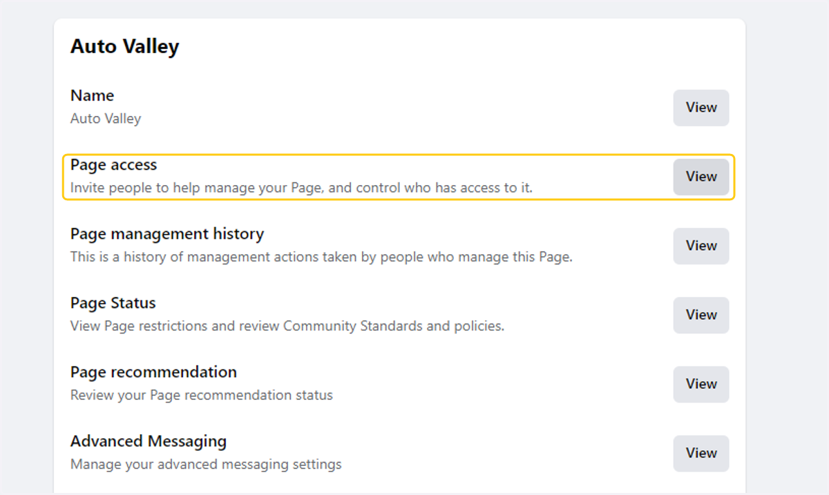 Click on the View button for Page access