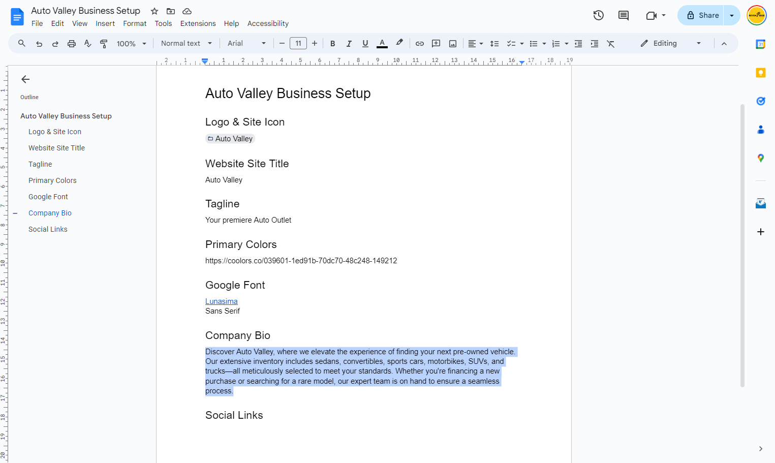 Copy the company bio from your Guiding Doc