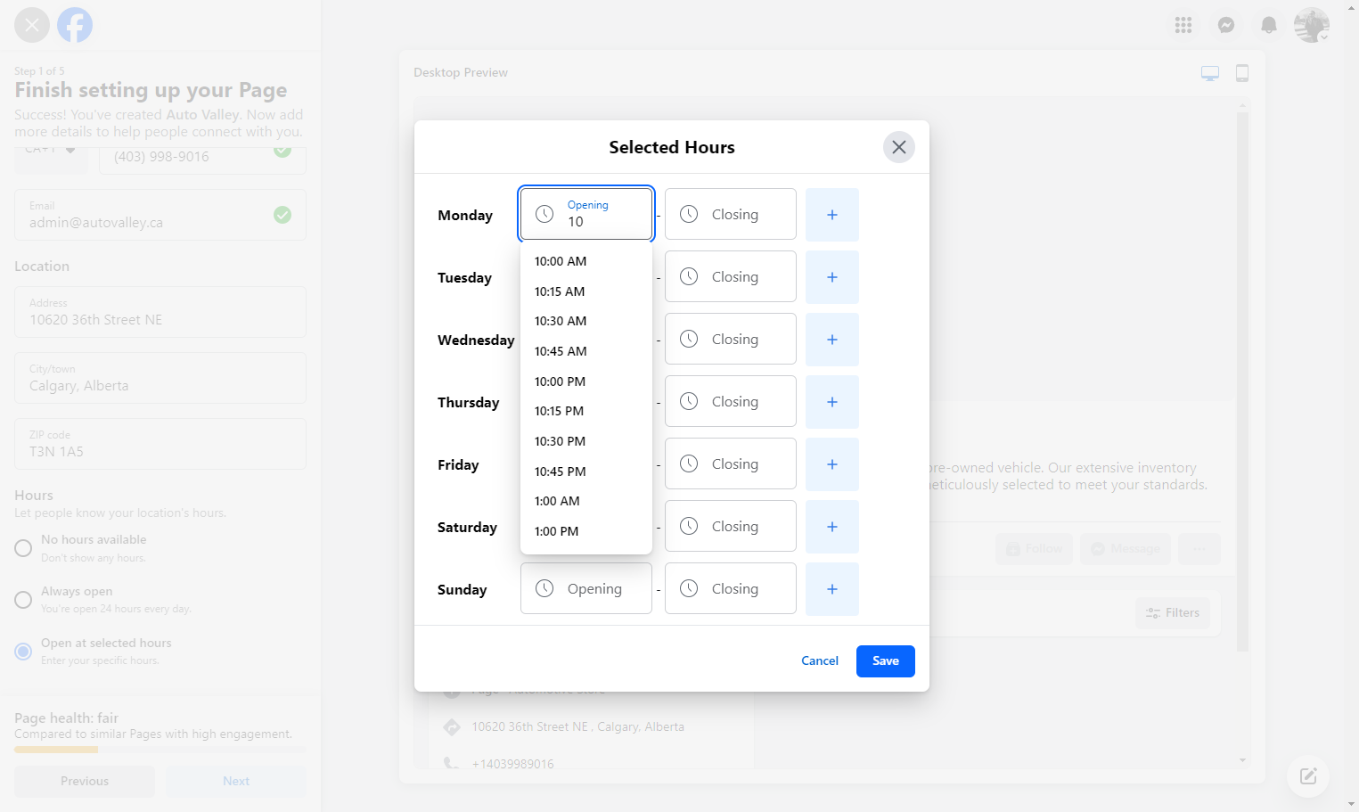 Complete the business hours from your Guiding Doc