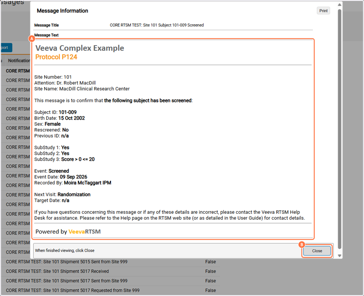 A. View message B. Click on Close to exit the message view