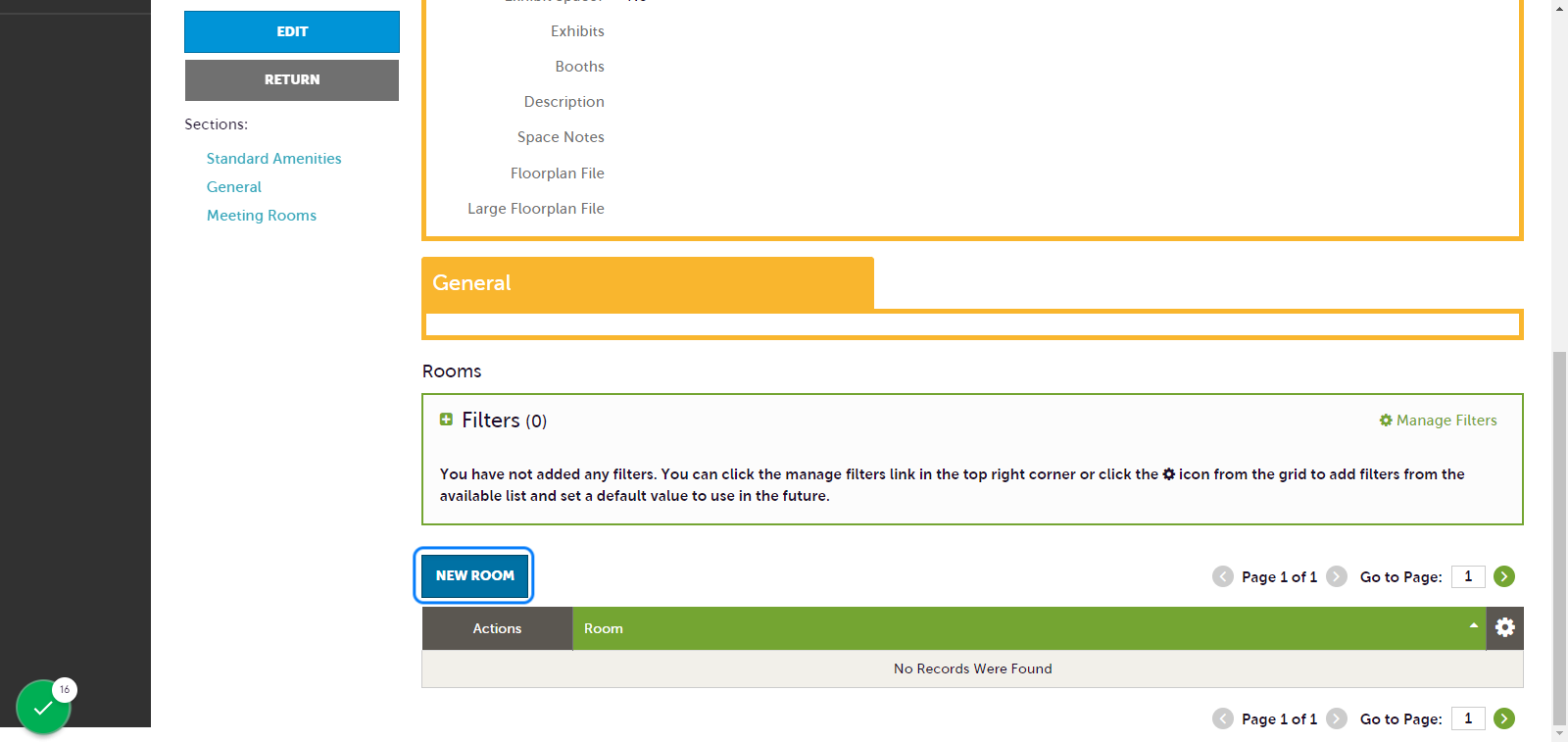 Scroll past the first form you saved to find where to add each room's individual details. You will list capacity numbers for each individual space. Click on NEW ROOM