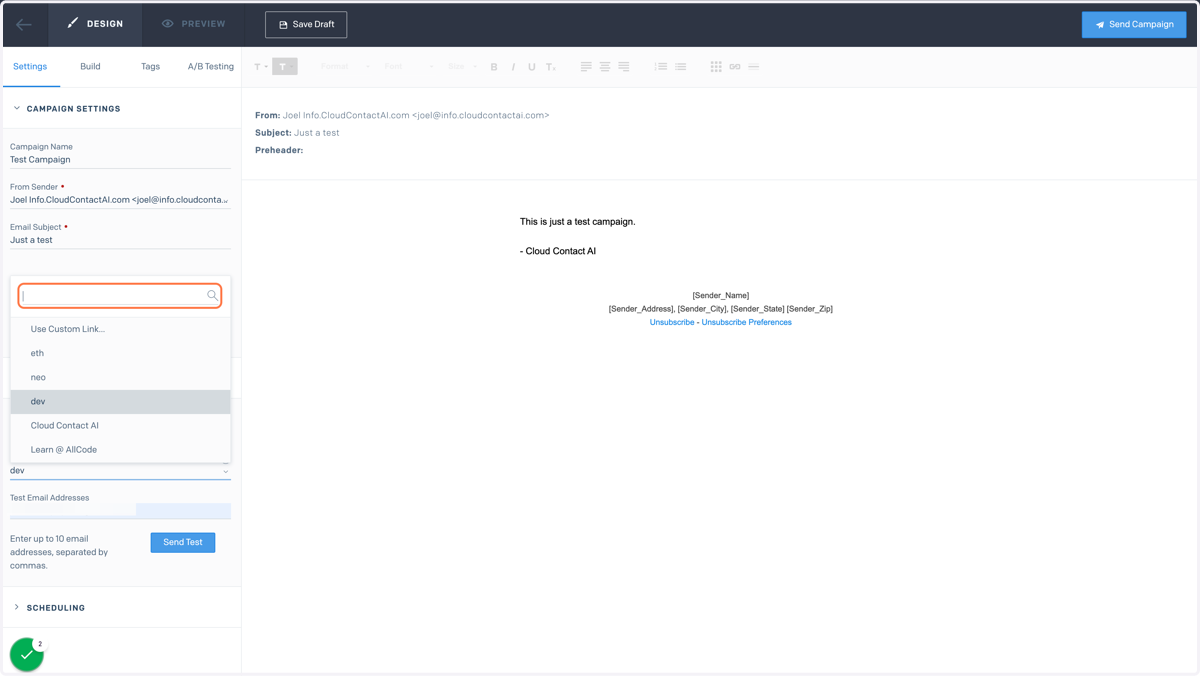 Choose an Unsubscribe Link and a Test Email Address