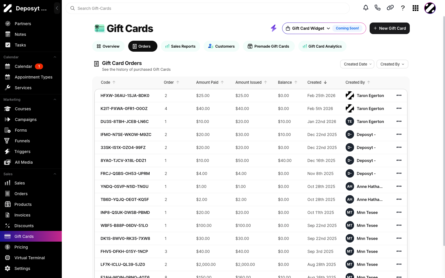 Step 4: You are now viewing the orders with gift cards. You can filter them by Order Date and Created By. There is also a Delete option in the three-dot menu for each order.