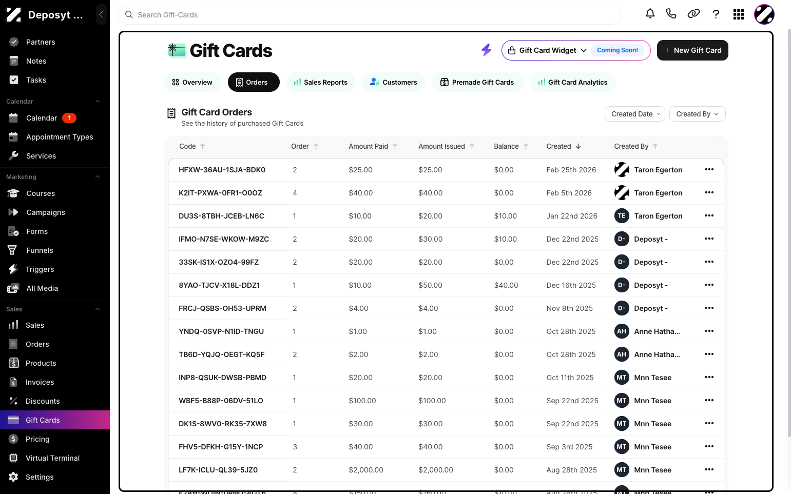 Step 4: You are now viewing the orders with gift cards. You can filter them by Order Date and Created By. There is also a Delete option in the three-dot menu for each order.