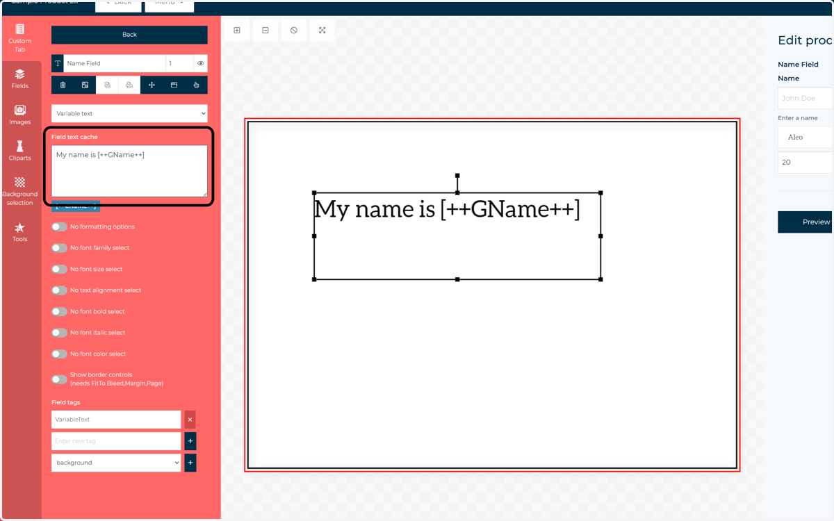 Fill in the Field text cache field