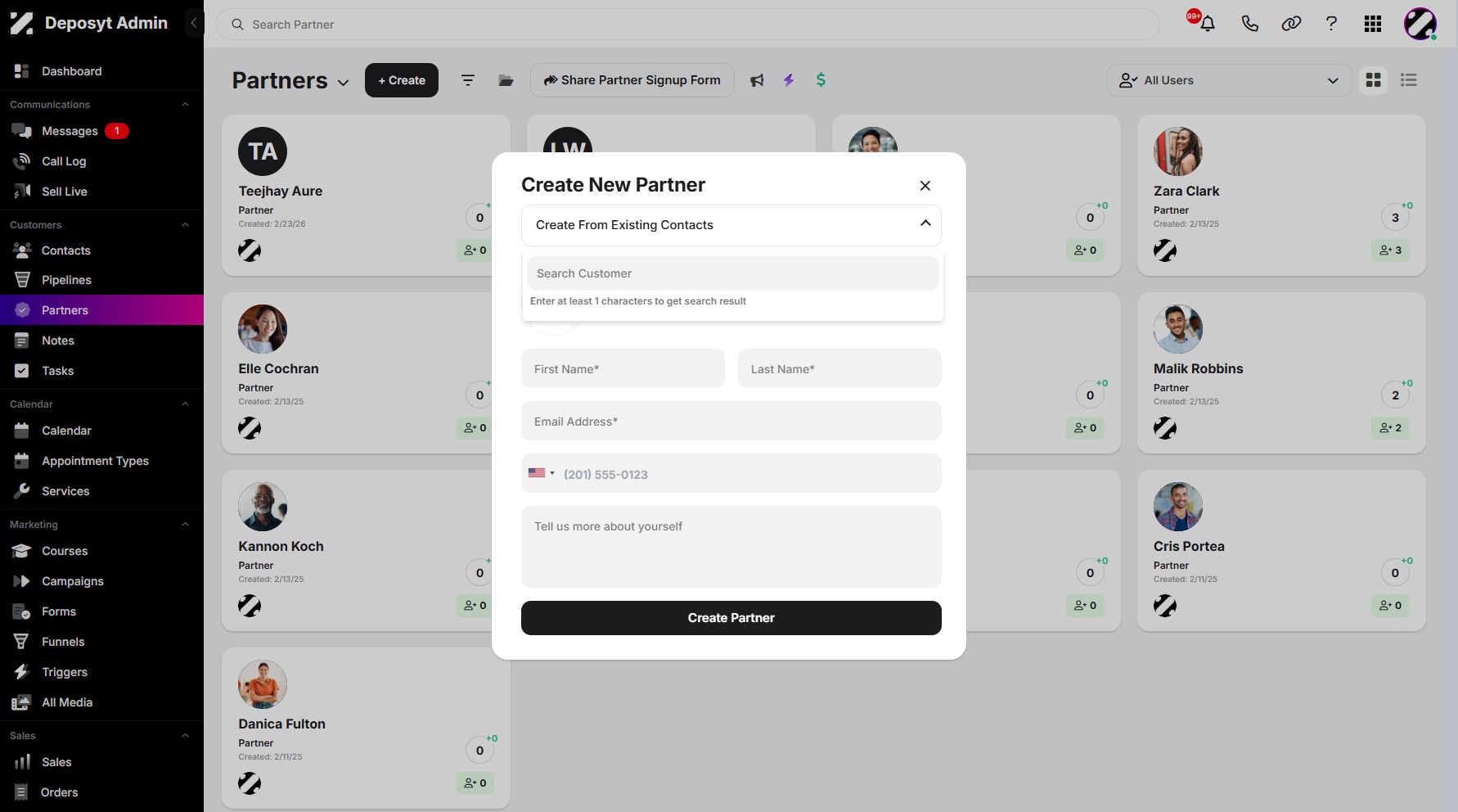 Step 5: You can use the ‘Create from Existing Contacts’ dropdown to search for the contact’s name.