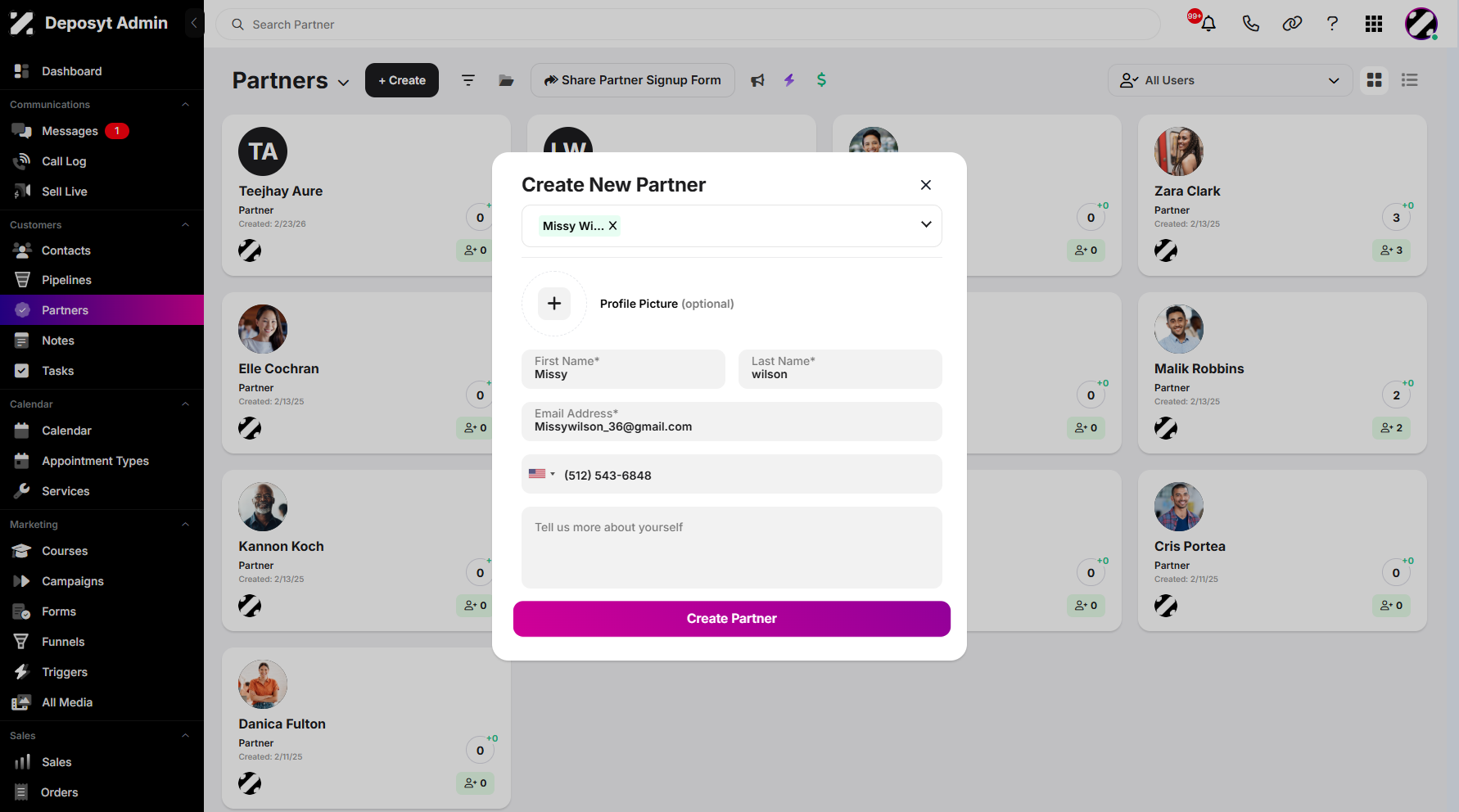 Step 8: Once you are done setting up, click Create Partner to save and apply the changes.