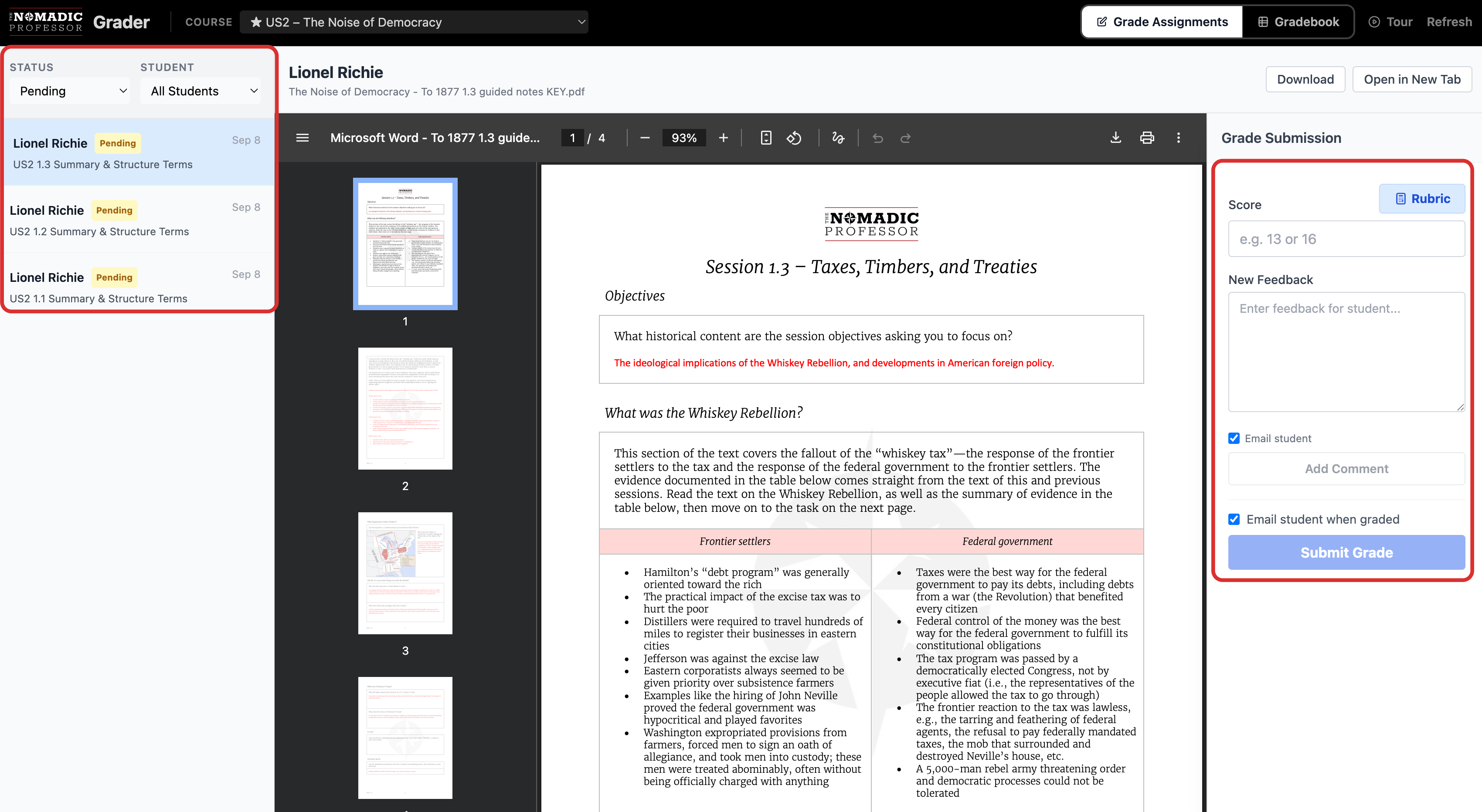 In the "Grade Assignments" view (for assignments submitted digitally) you can view "pending" assignments, select what to grade, scroll through or download the assignment, add comments, and use the rubric to add a score