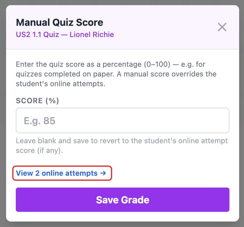 When you select a quiz score you'll see the option to override the existing quiz score, and view all past attempts