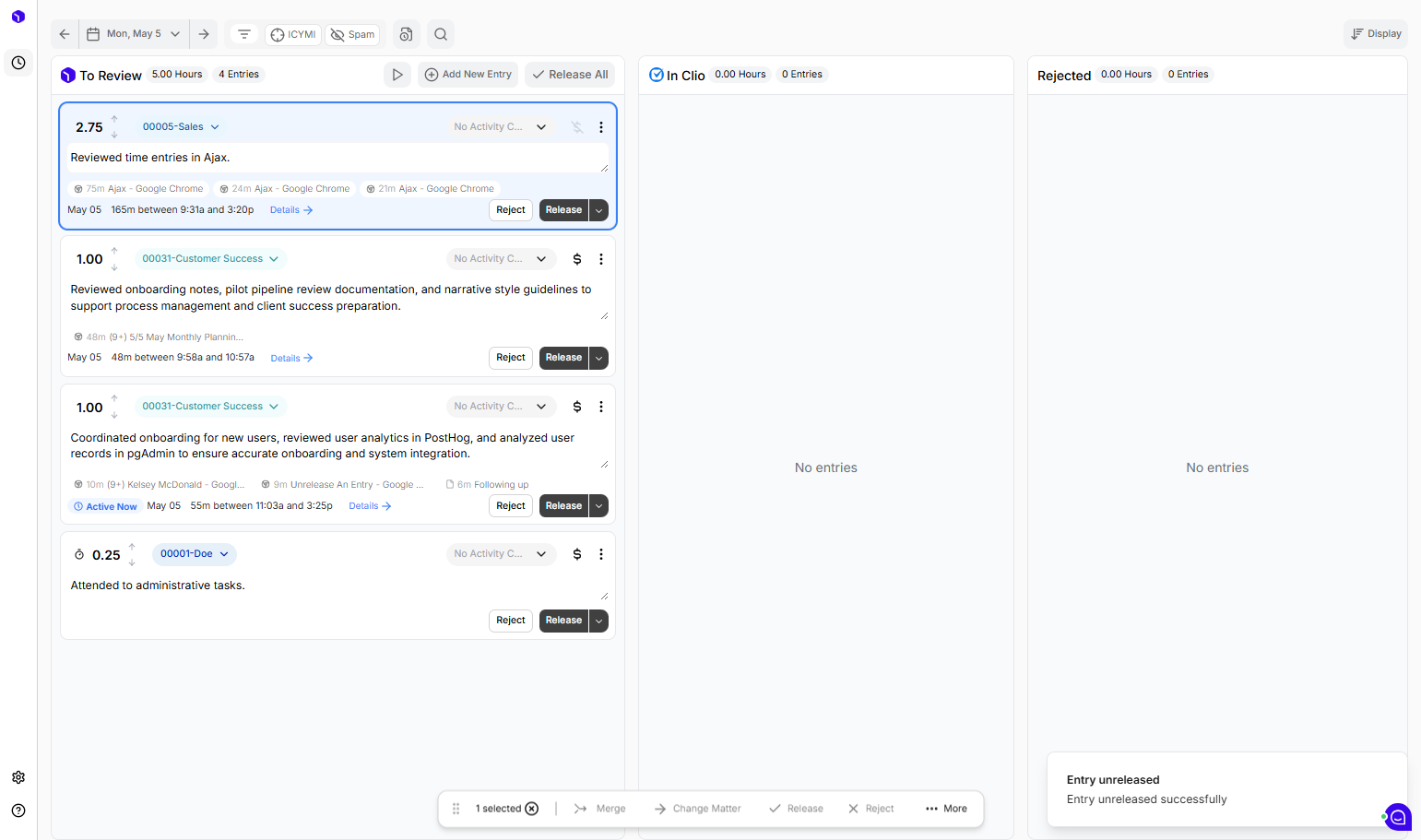 That entry now shows up in "To Review"