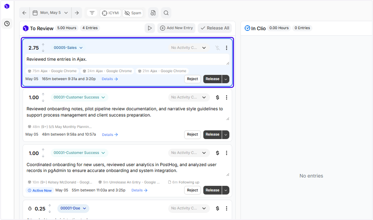 That entry now shows up in "To Review"