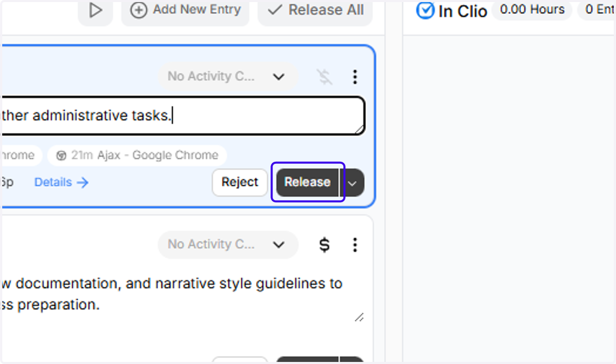 Click on "Release" to push the entry back into Clio!