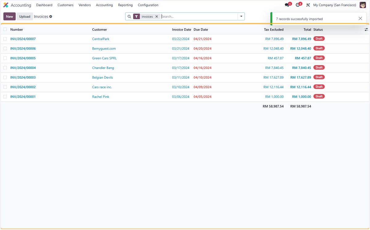 List of uploaded invoices will be in draft mode