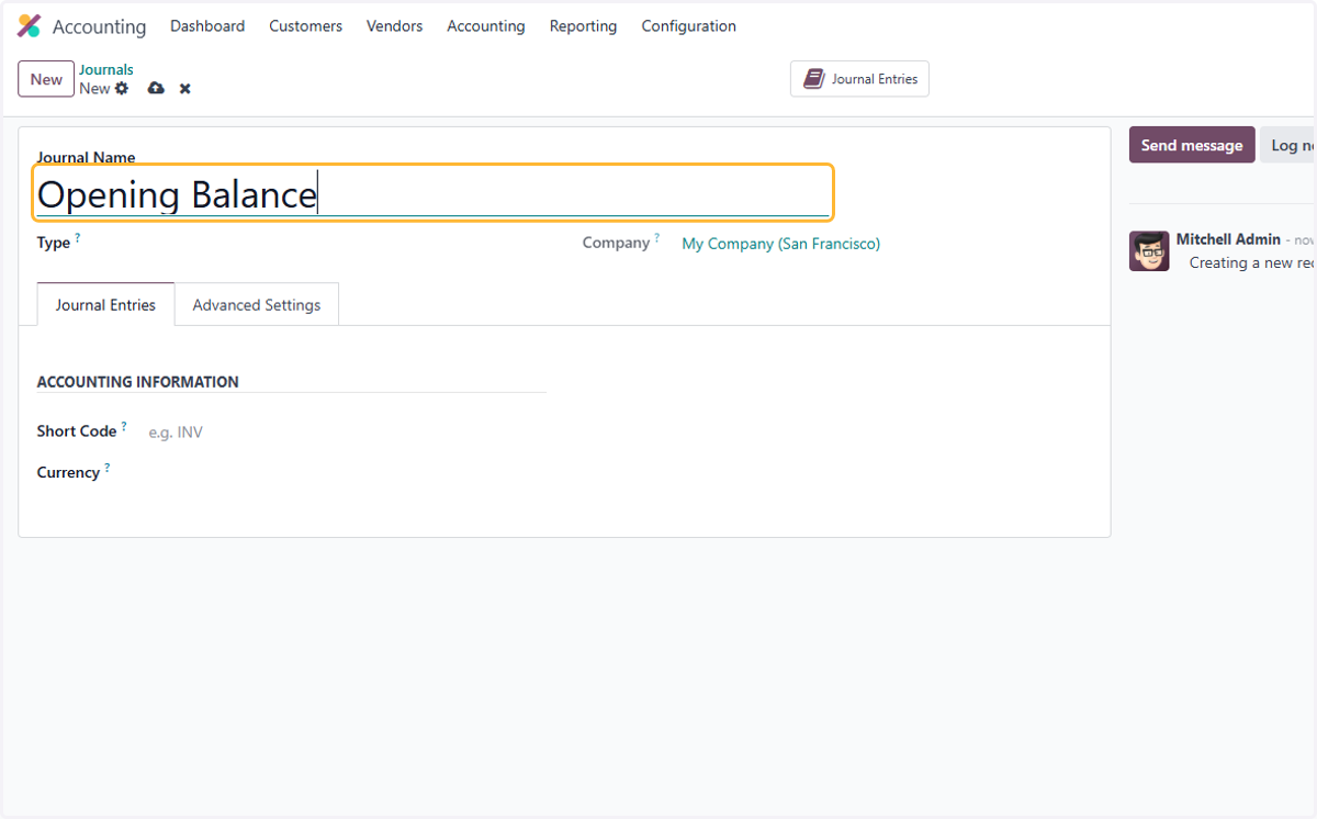 Type "Opening Balance"