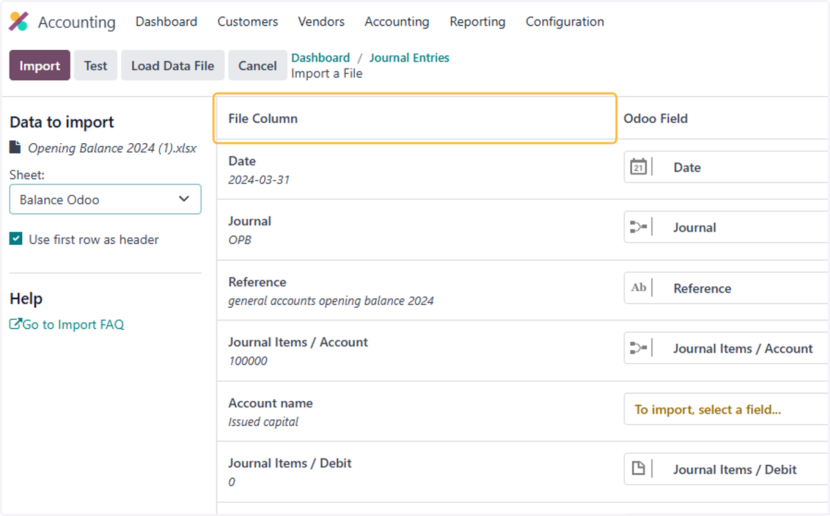Check Odoo Field correctly corresponds with the file column
