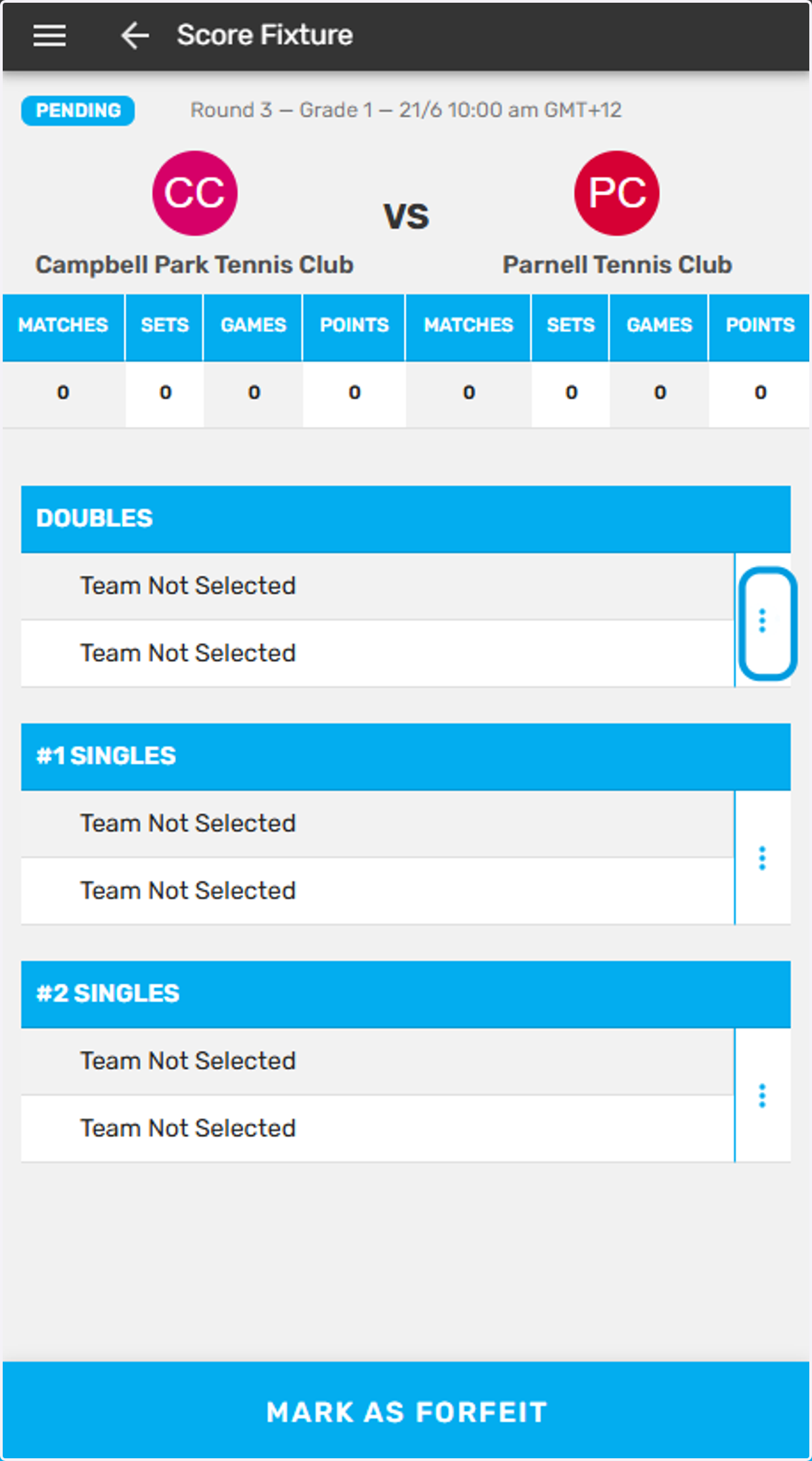 Before starting select your players for each match by tapping here