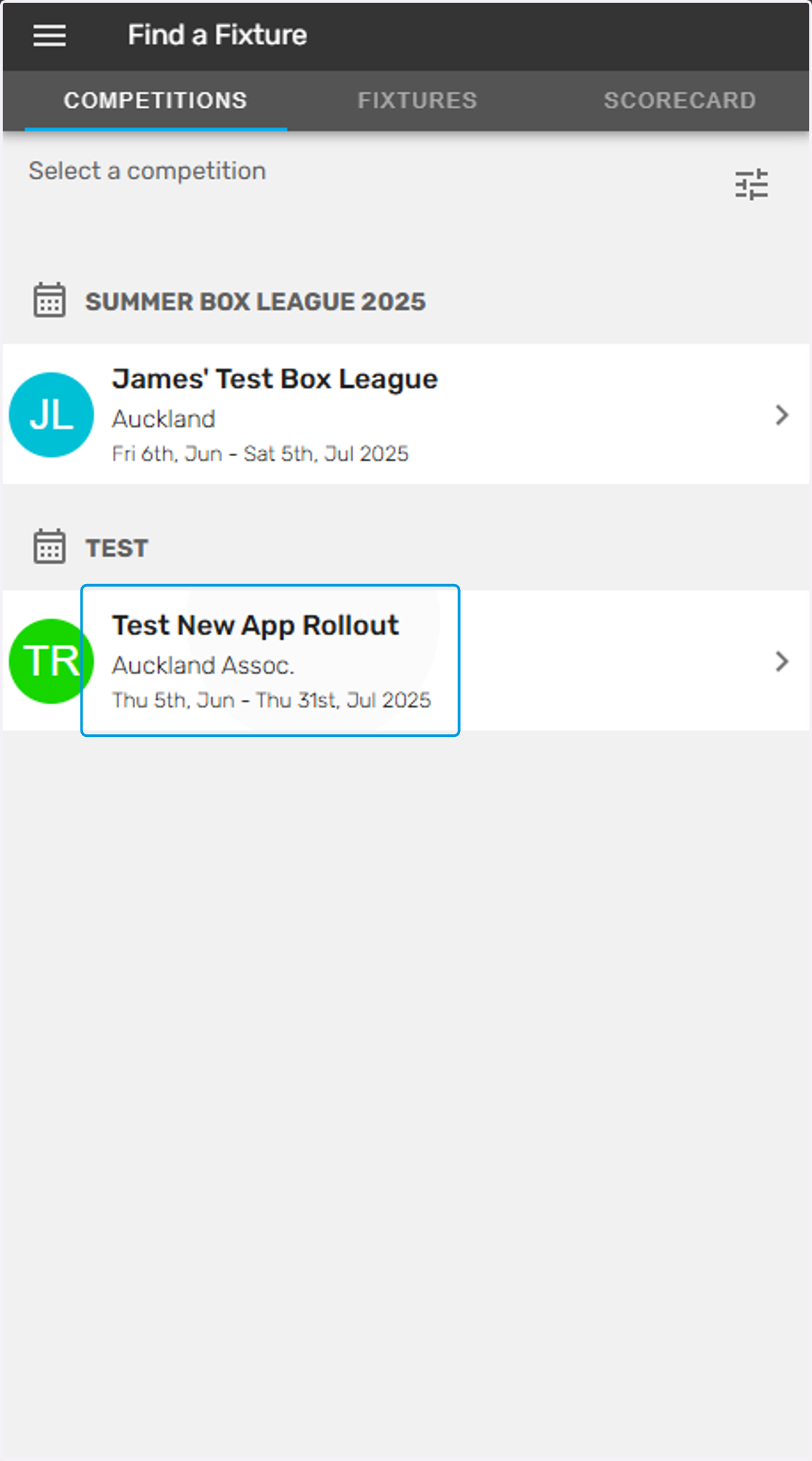 Here you will find a list of all competitions you are entered in, select the relevant competition