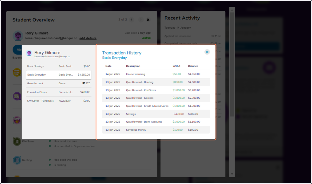 From here you can view the Transaction History for each account your student has.