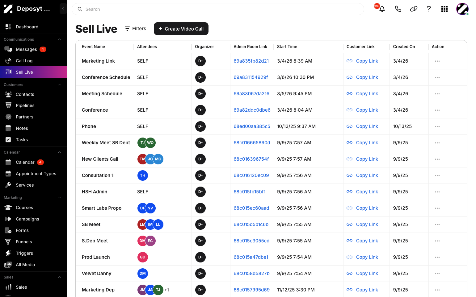 Step 2: You will now see the list of video links. Search for the video link you want to edit. Remember, you can only edit a scheduled video call; you cannot edit a video call that was created but is not scheduled.