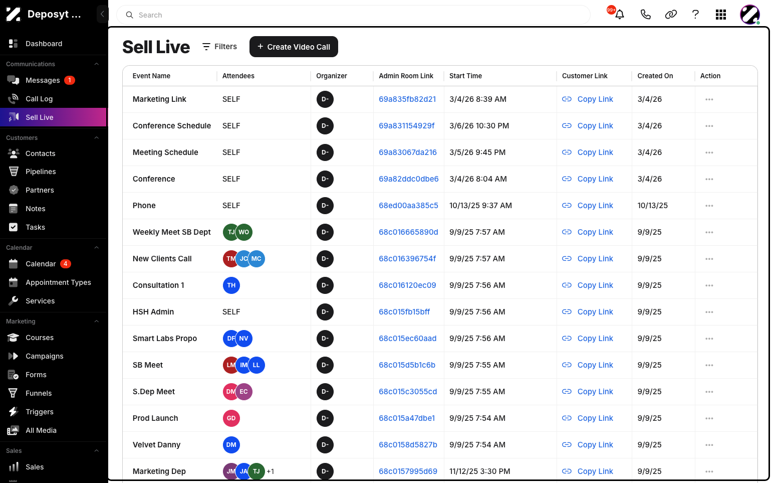 Step 2: You will now see the list of video links. Search for the video link you want to edit. Remember, you can only edit a scheduled video call; you cannot edit a video call that was created but is not scheduled.