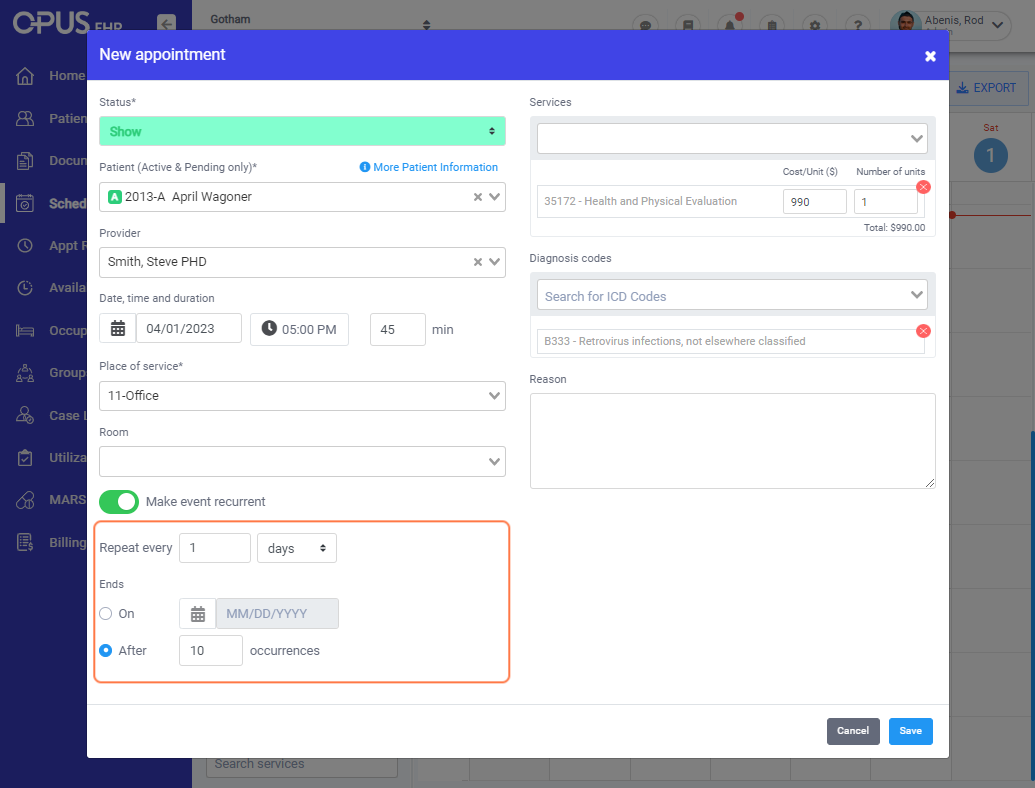 Set the necessary recurrent event conditions