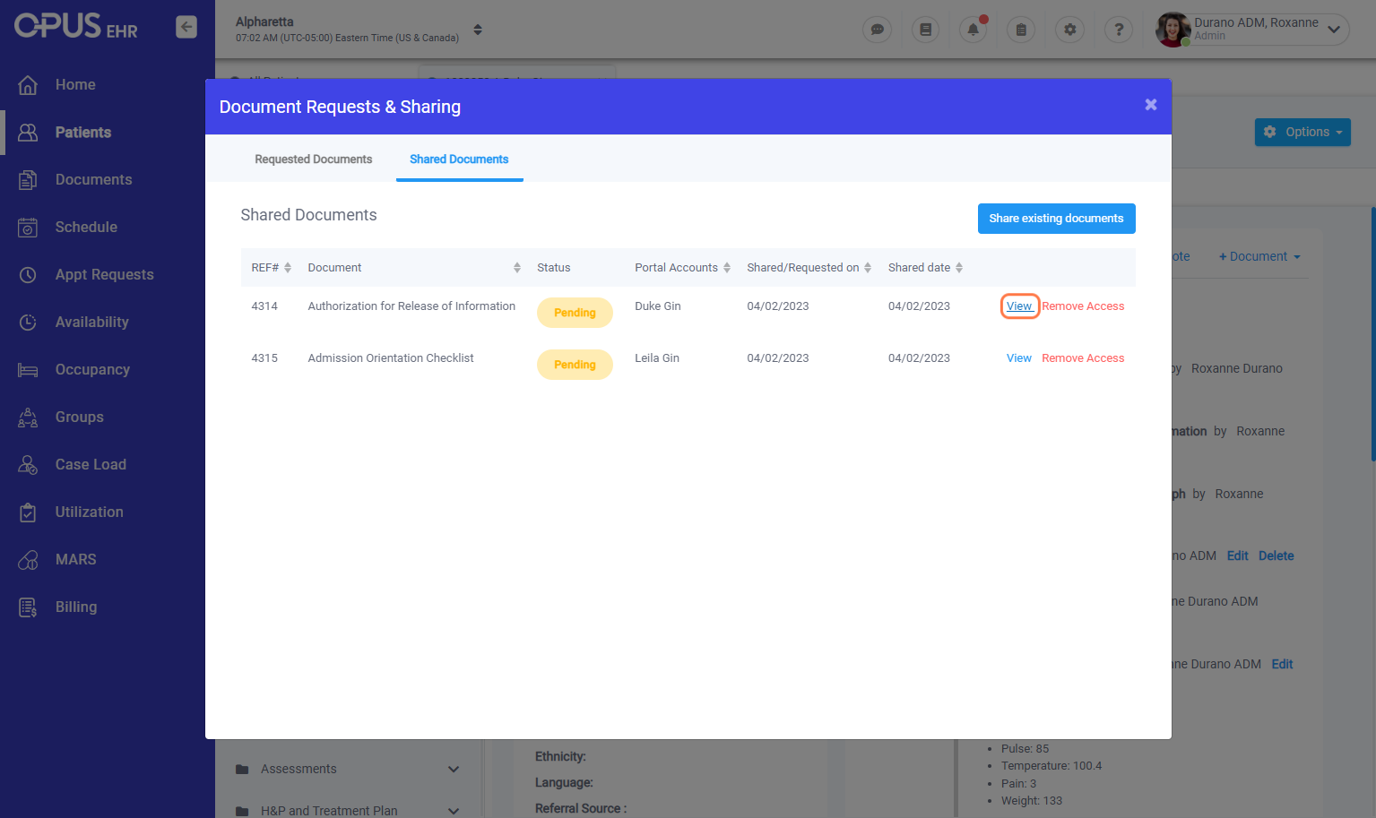 Shared Documents will show the documents sent that the patient/contact have filled-up. It will also show details of when it was shared and submitted back. Clicking on "View" option would show the document.