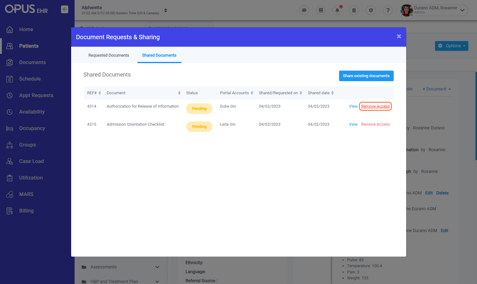 Clicking on Remove Access would remove the document from the patient/contact portal