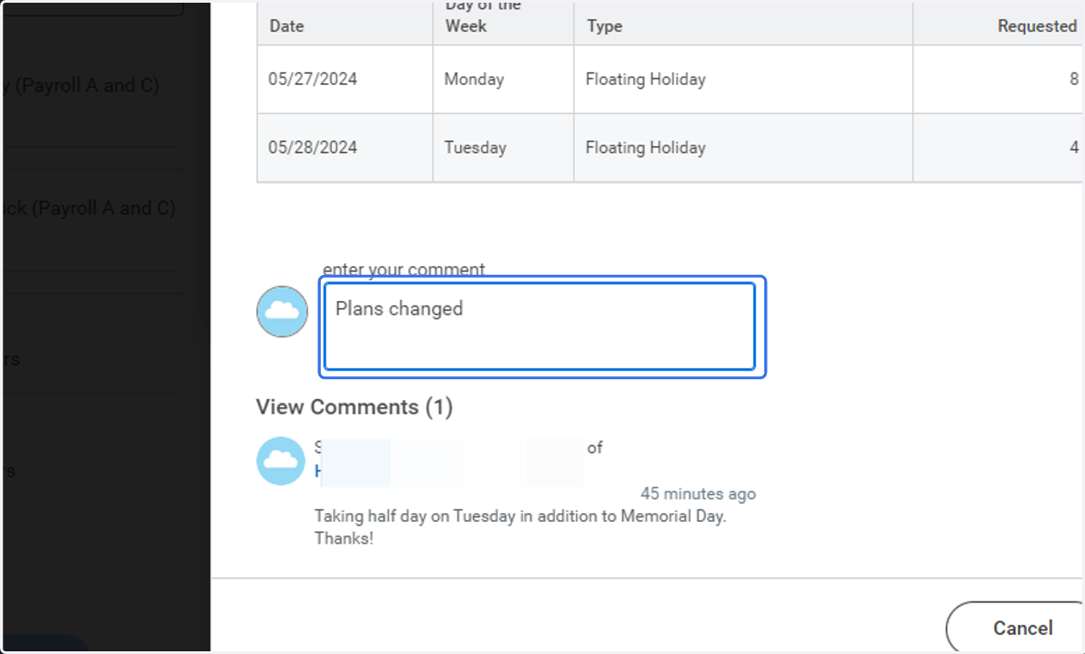 Enter a comment to your Manager/Approver