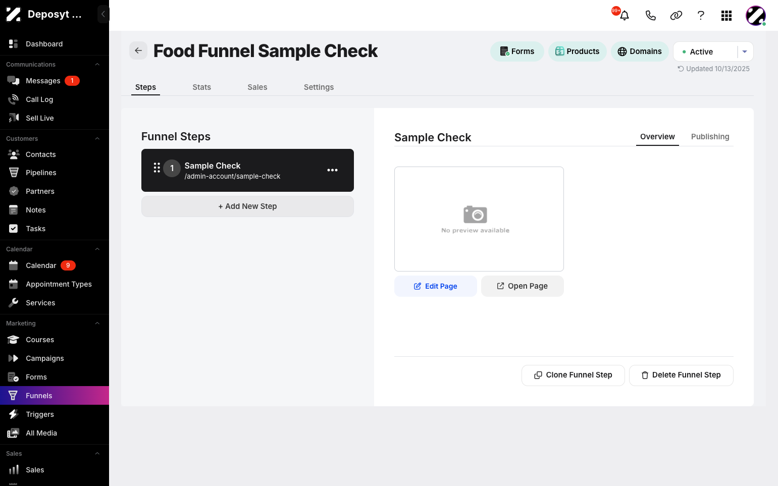 Step 4: From here, you can add new steps and access the funnel stats, sales, and settings.