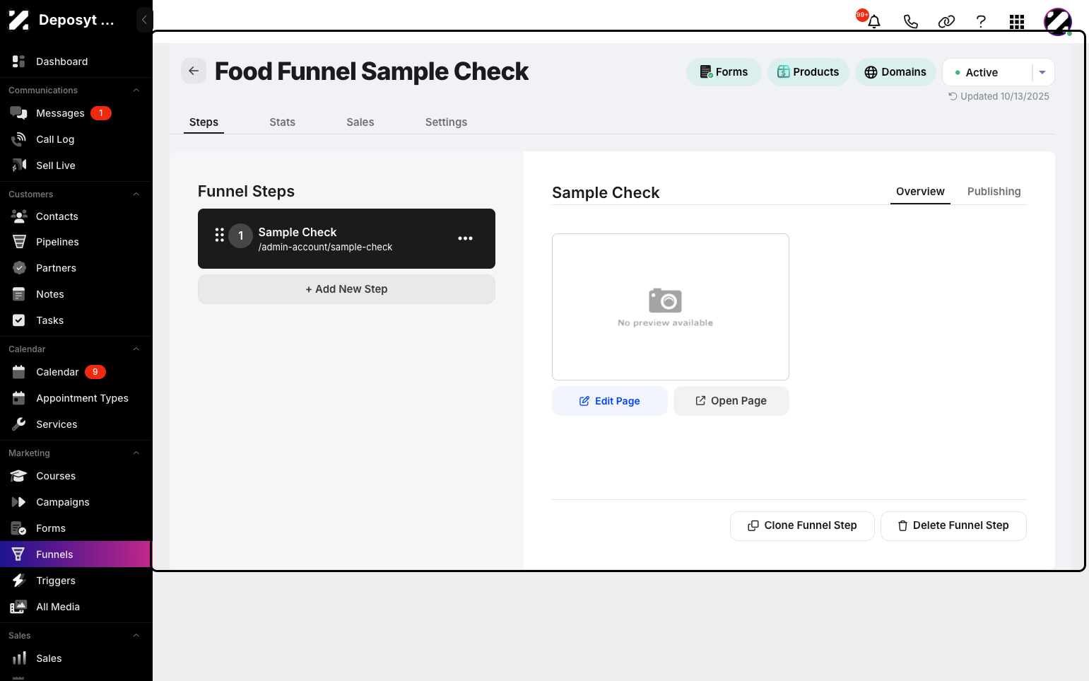 Step 4: From here, you can add new steps and access the funnel stats, sales, and settings.