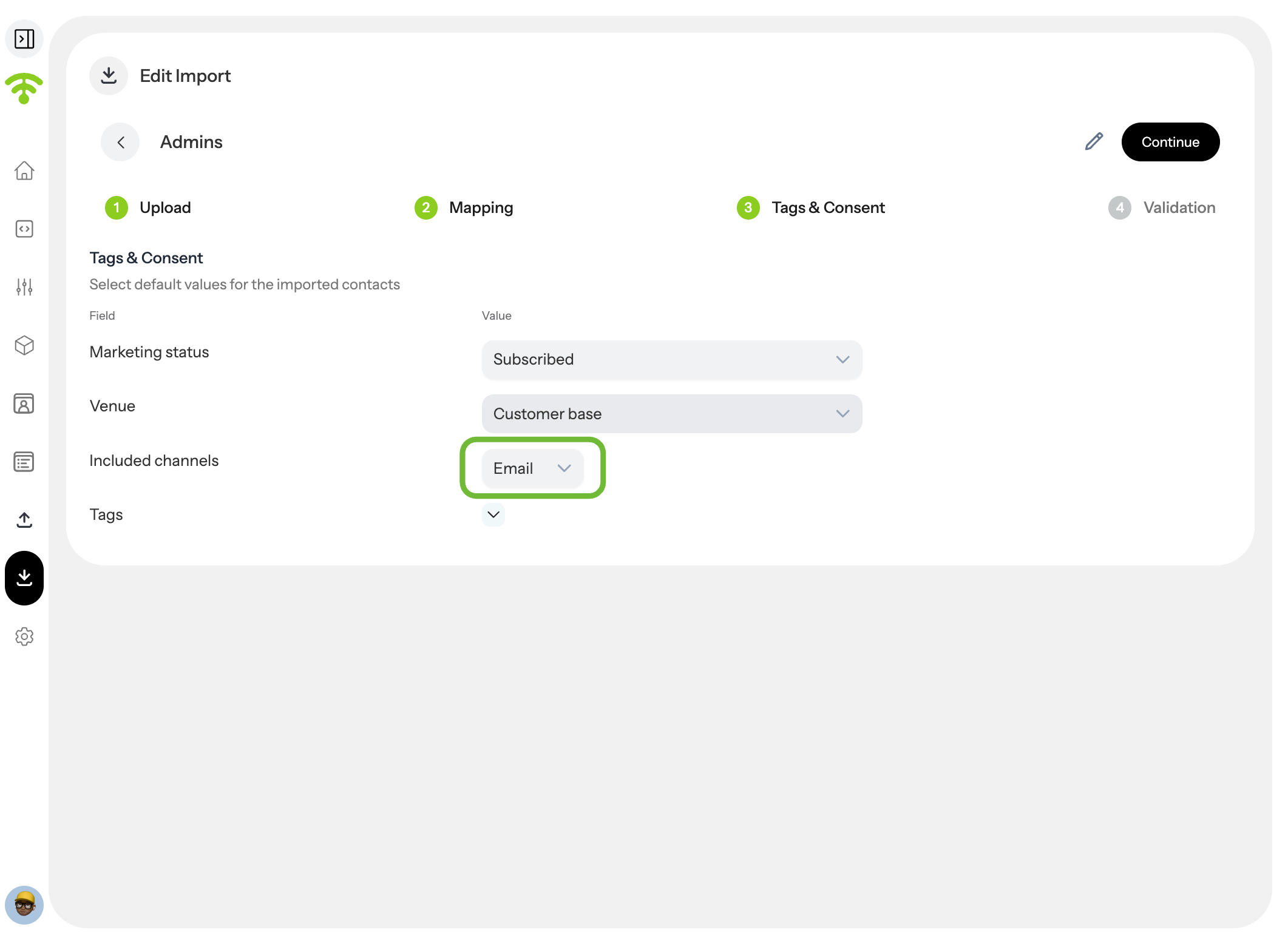 Select Marketing Status, Venue, and Channels
