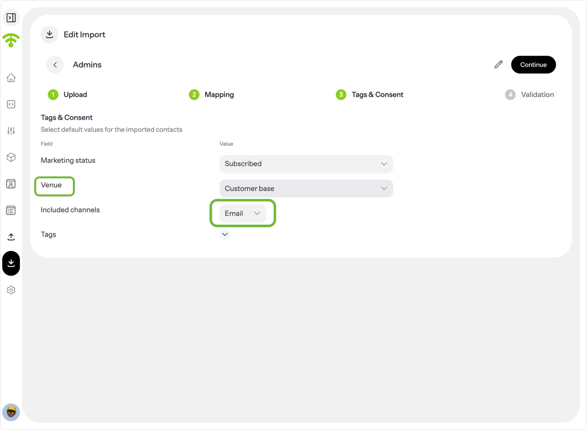 Select Marketing Status, Venue, and Channels