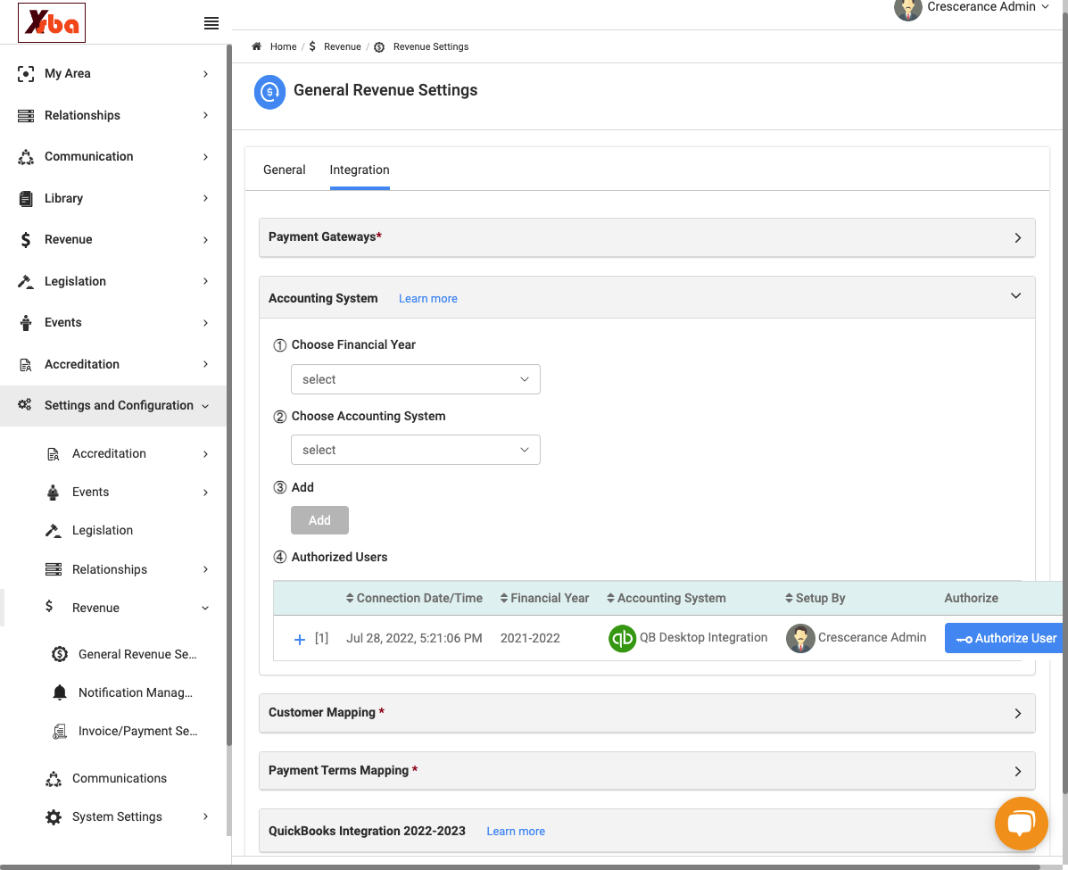 Next we have Accounting System, where you can set up your QuickBooks (Desktop) link