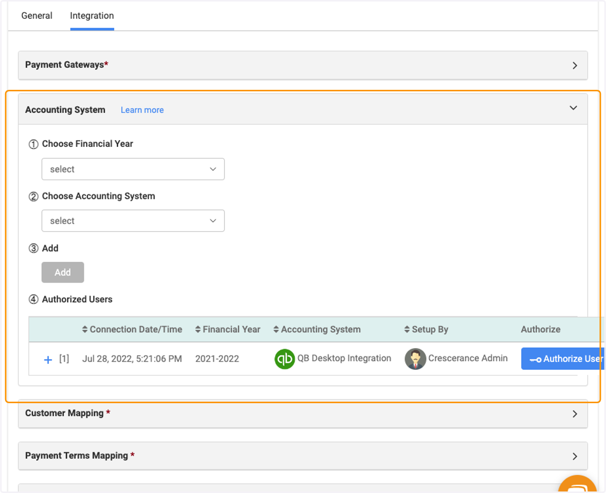 Next we have Accounting System, where you can set up your QuickBooks (Desktop) link