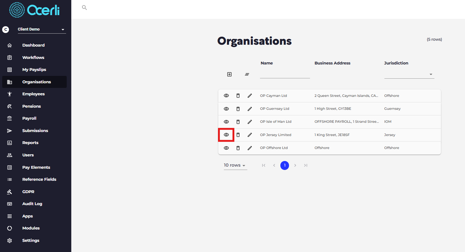 Select the required organisation.
