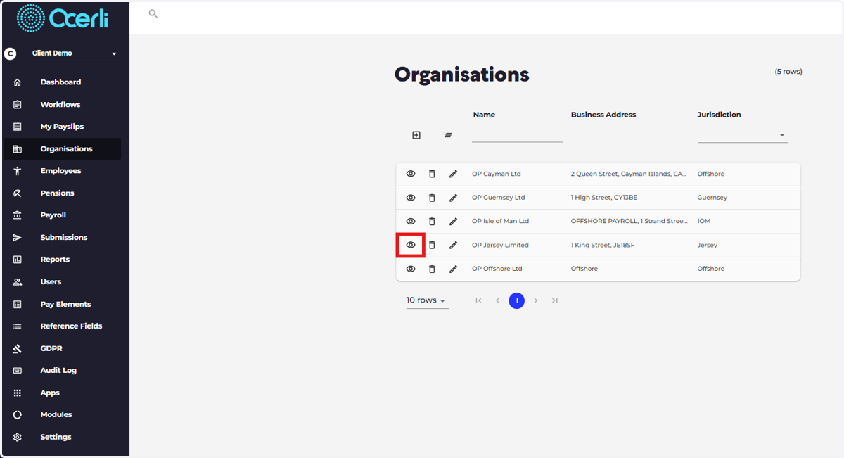 Select the required organisation.