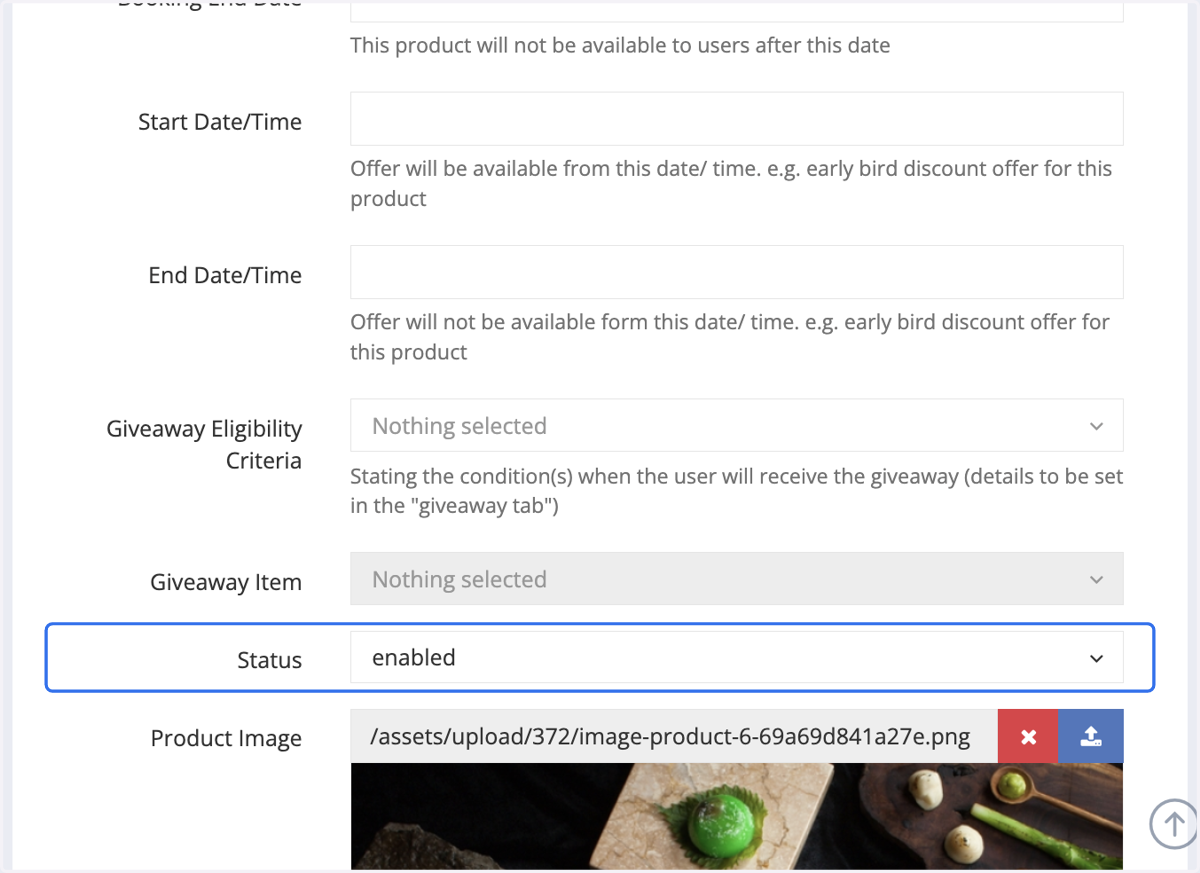 Set the status to “enabled” to activate the product group.