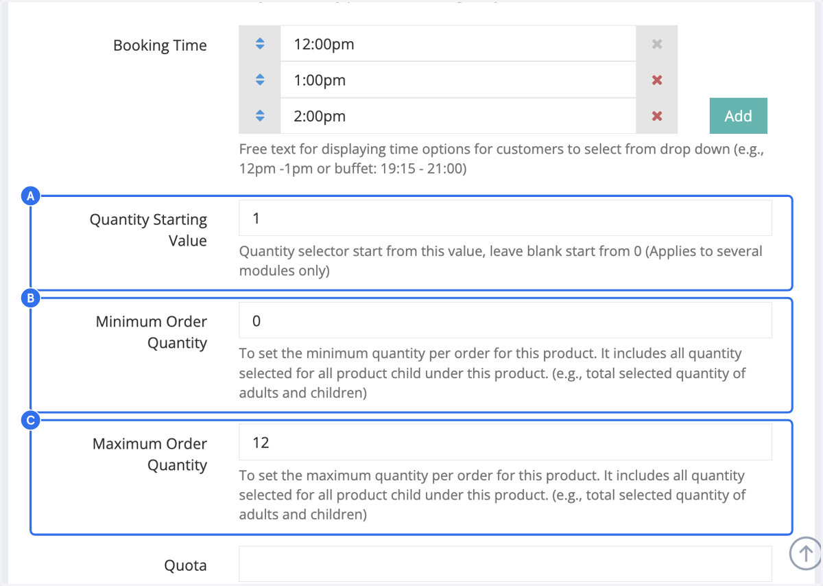 A. The quantity selector begins from this value. Leave it blank to start from 0. B. The minimum quantity per order for this product. It includes all quantities selected for all product children under this product group. The minimum order quantity has