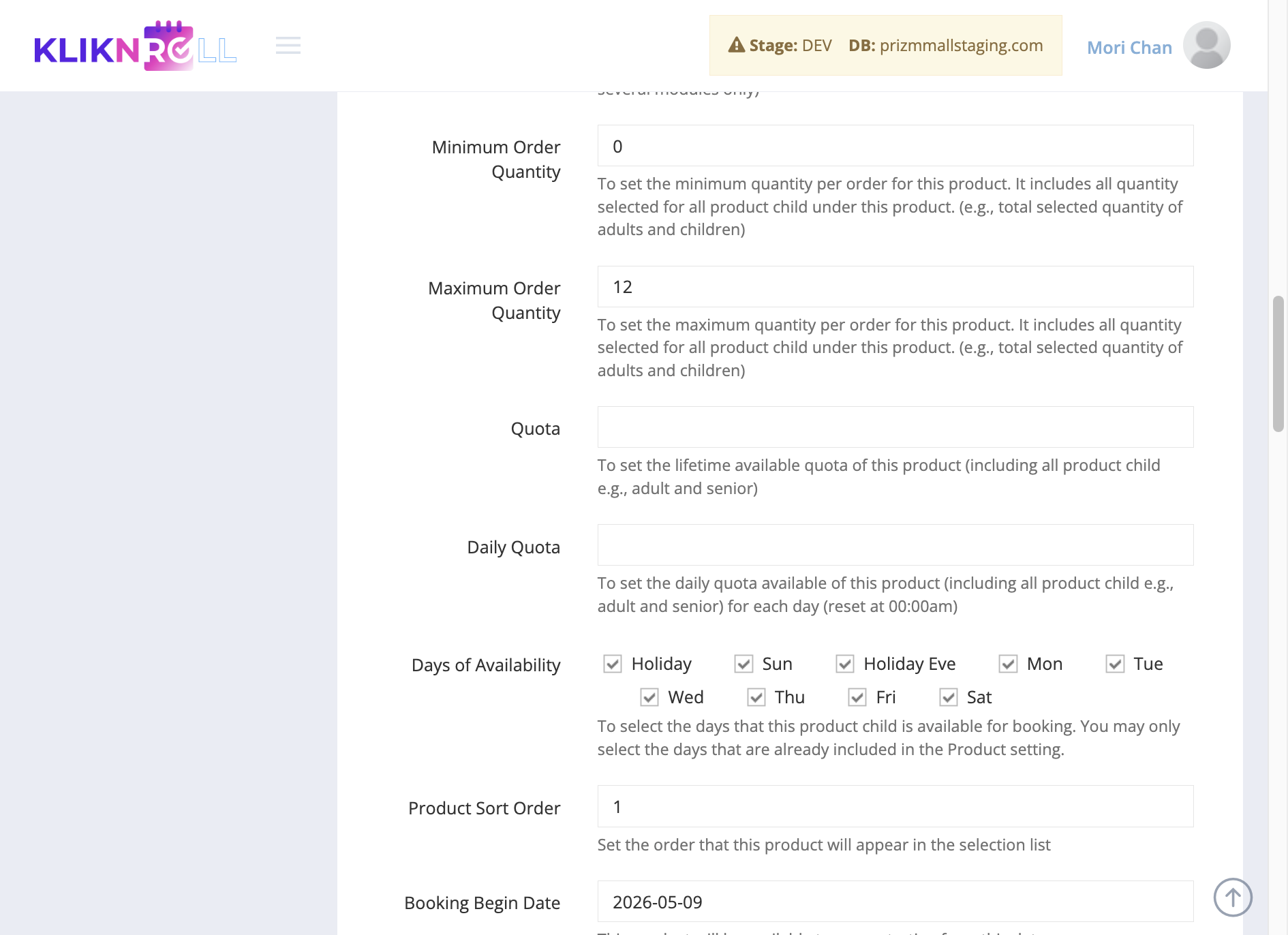 Select the days when this product group can be booked. Please choose only from the days already specified in the Product settings.