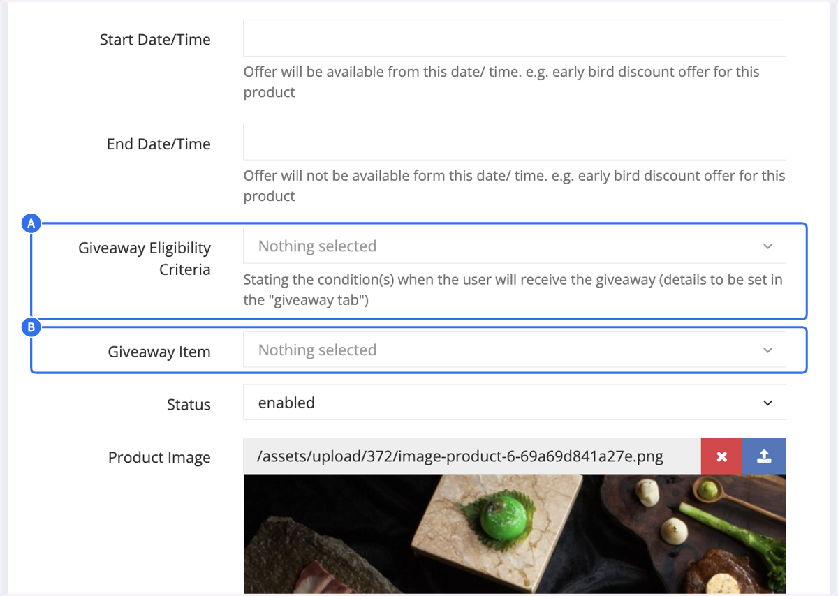 A. Stating the condition(s) when the user will receive the giveaway B. Select the giveaway item