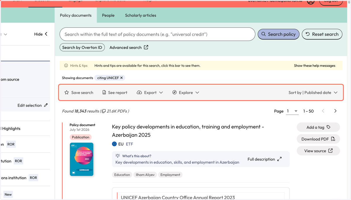 Use the action bar to save a search, generate a summary report, export* or explore further