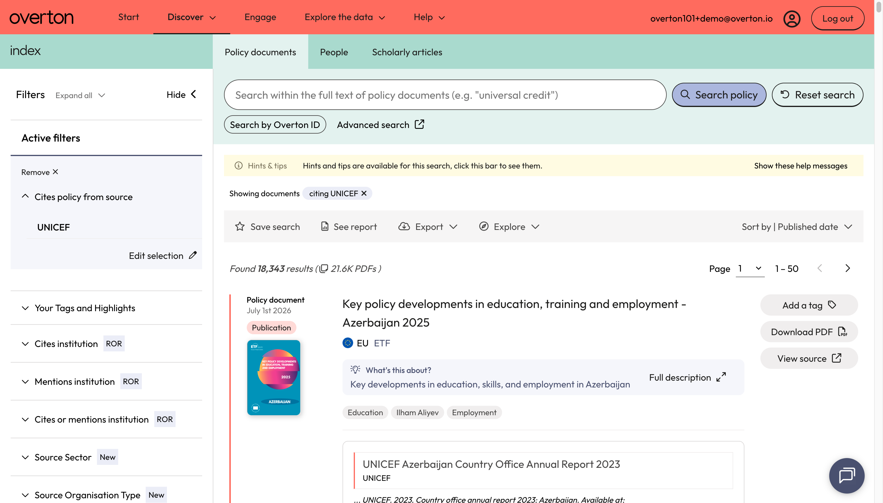 Your results will reflect policy documents that cite publications indexed in Overton from your organisation (policy-to-policy citation).