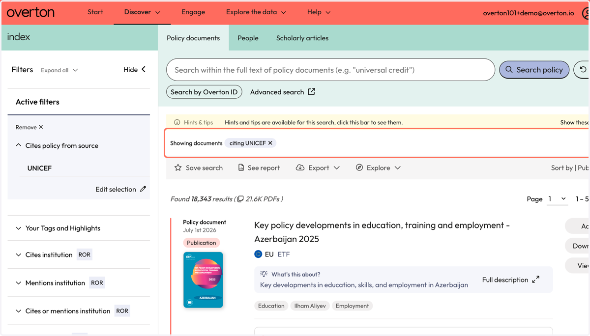 Your results will reflect policy documents that cite publications indexed in Overton from your organisation (policy-to-policy citation).