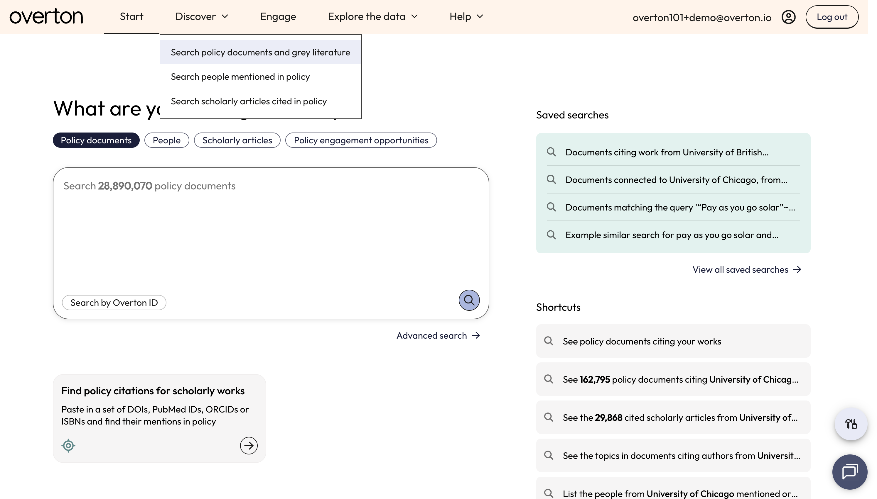 From the 'Discover' menu, click 'Search policy documents and grey literature.'
