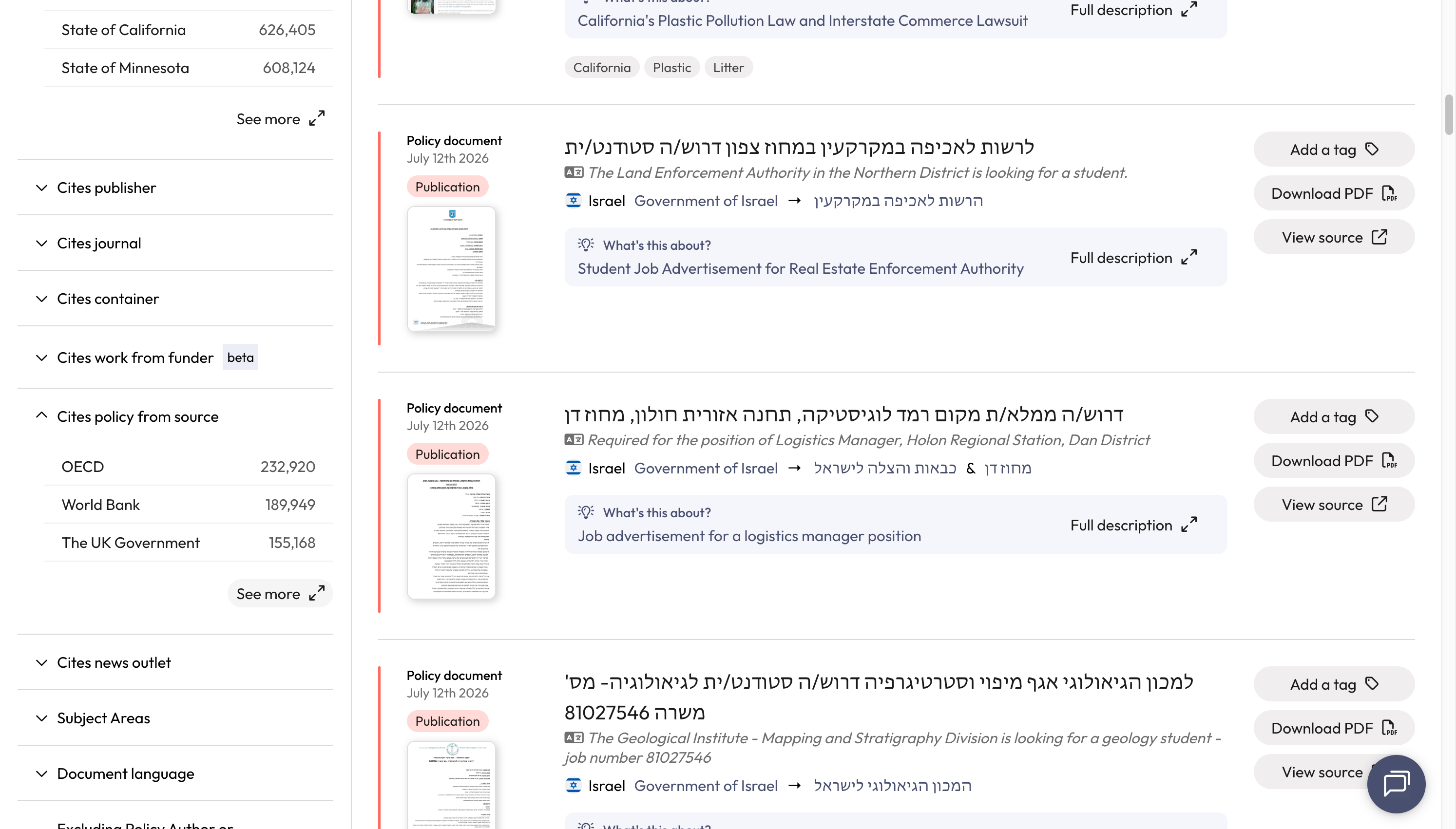 A. Click on 'Cites policy from source' filter to expand. B. Click on 'See more' to search for your policy organisation.